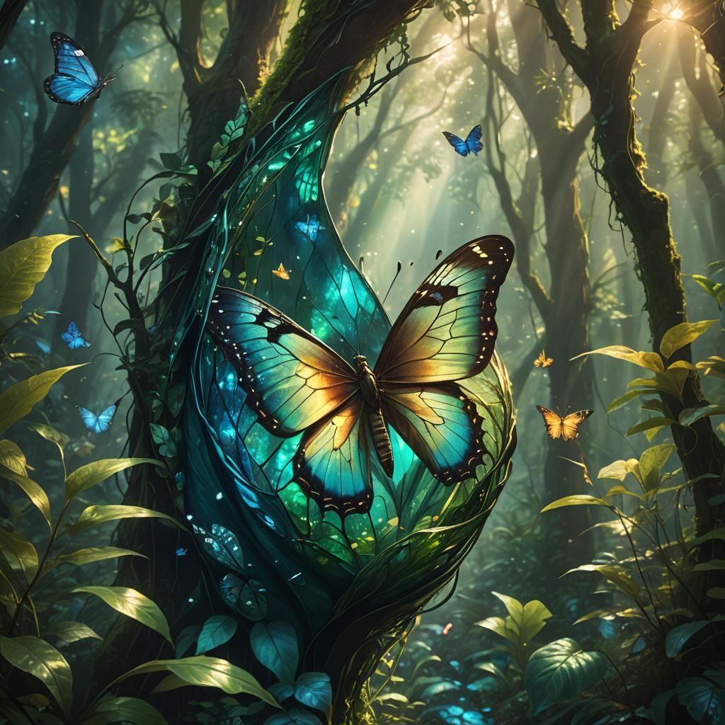 Butterfly Emerges in Dreamlike Forest Concept Art