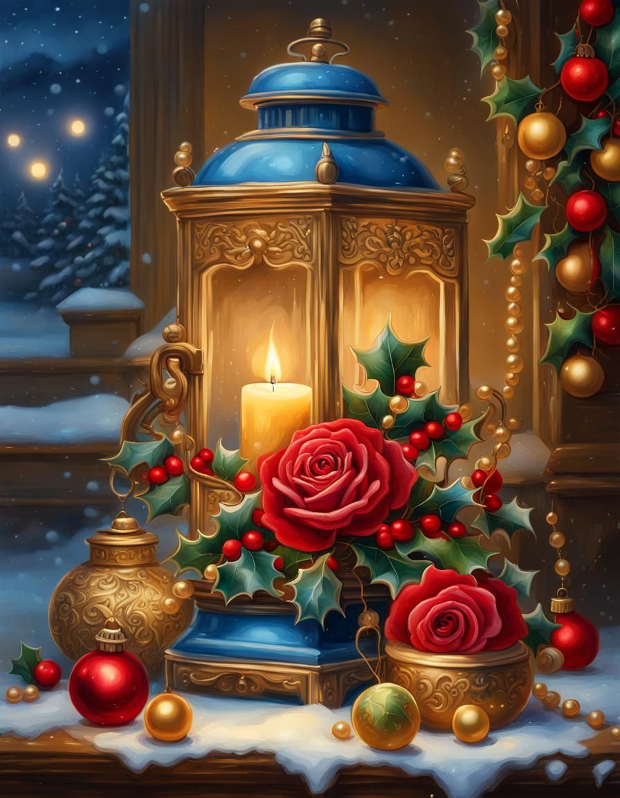 Christmas Card with Roses and Golden Lanterns