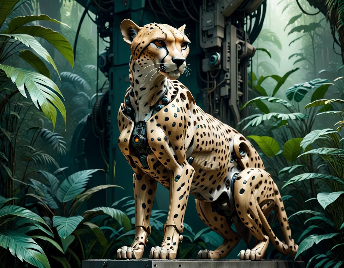 a statue of a cheetah in a jungle, hyper-realistic cyberpunk style, avatar image, official art, partially biomedical des...