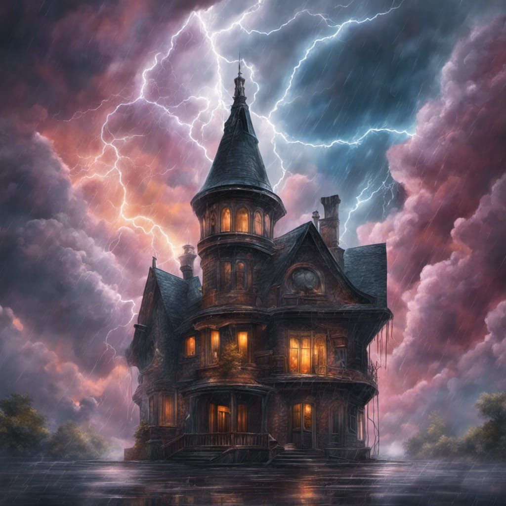 Gothic Cloud City in Rain and Lightning