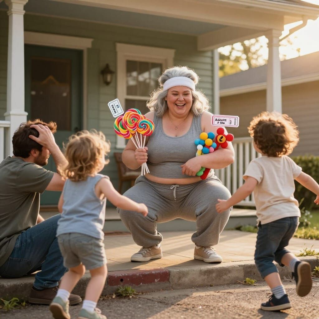 Woman with Lollipops on Porch in Golden Hour Light
