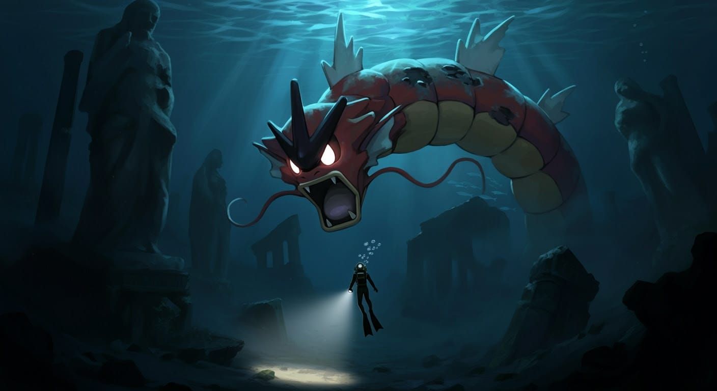 Ethereal Leviathan of the Deep: Ancient Red Gyarados in Dark...