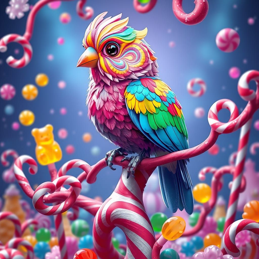 Sugar-Coated Bird in Whimsical Candyland Landscape