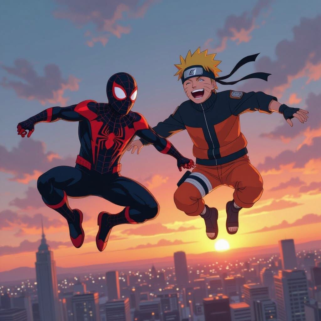 Black Spider-Man and Naruto in Sunset Cityscape