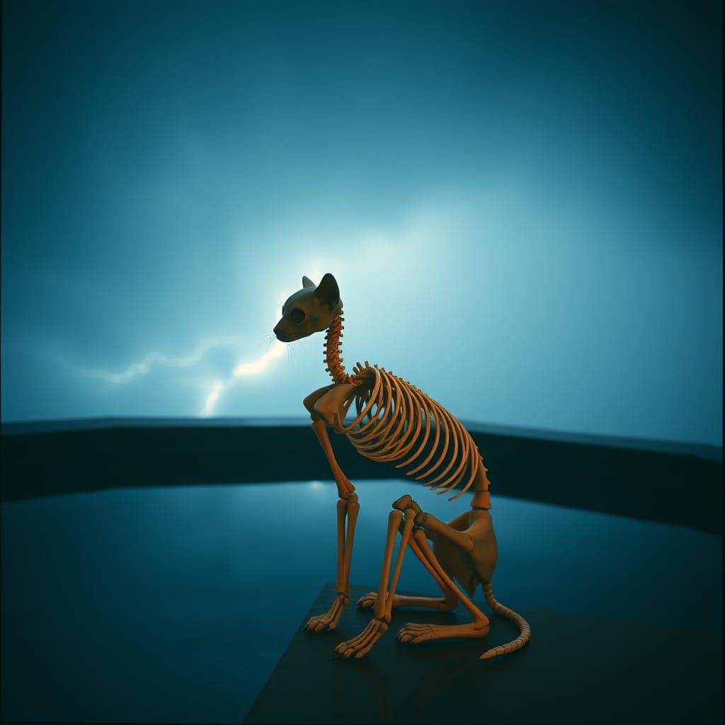 Surreal Skeletal Cat by Pool in Hurricane