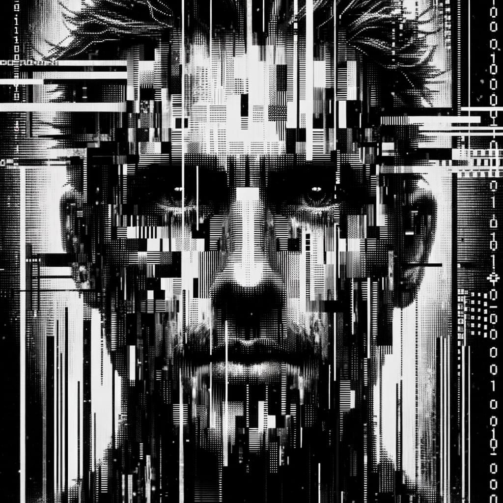 Monochrome Glitch Portrait in Vintage Cyberpunk Style