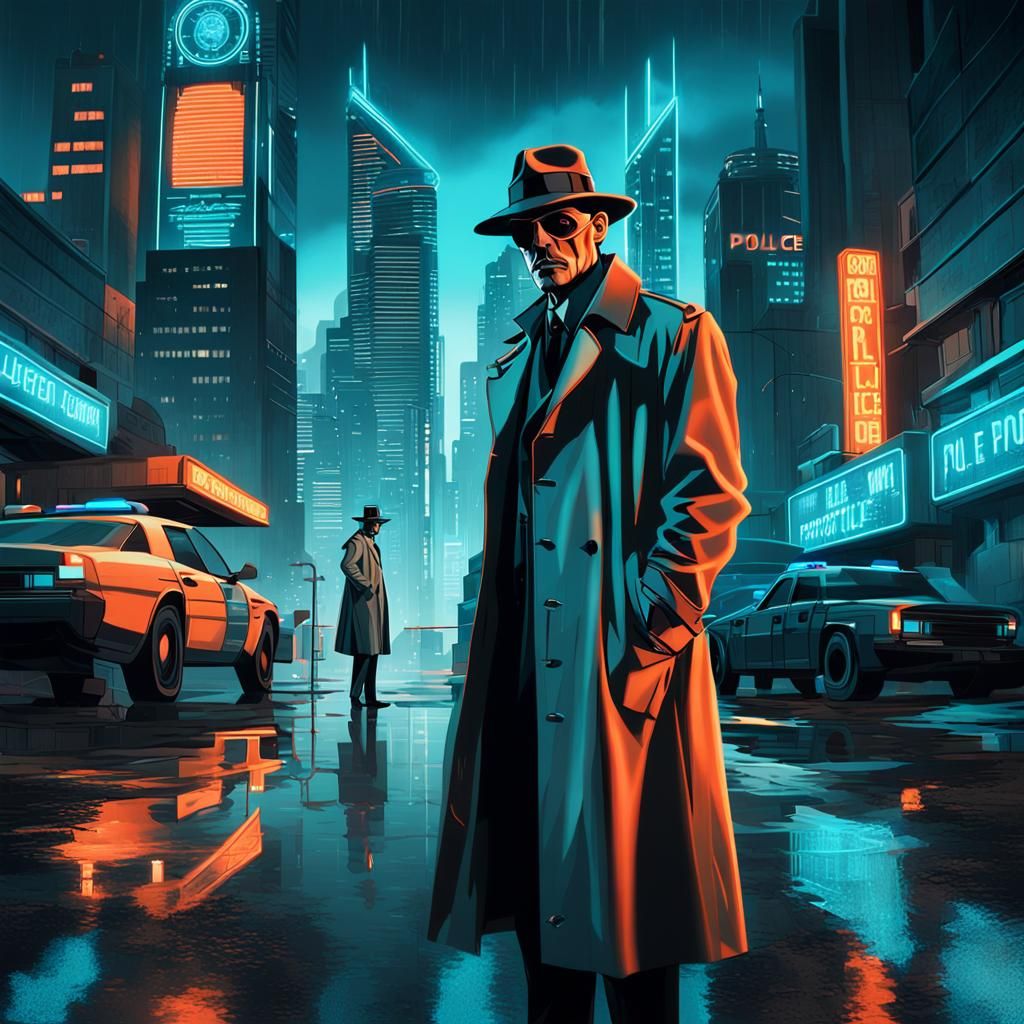 Noir Detective in Cyberpunk Cityscape