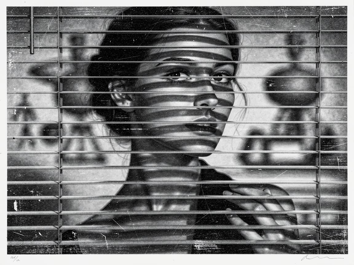 Woman's Face Behind Venetian Blinds in Chiaroscuro