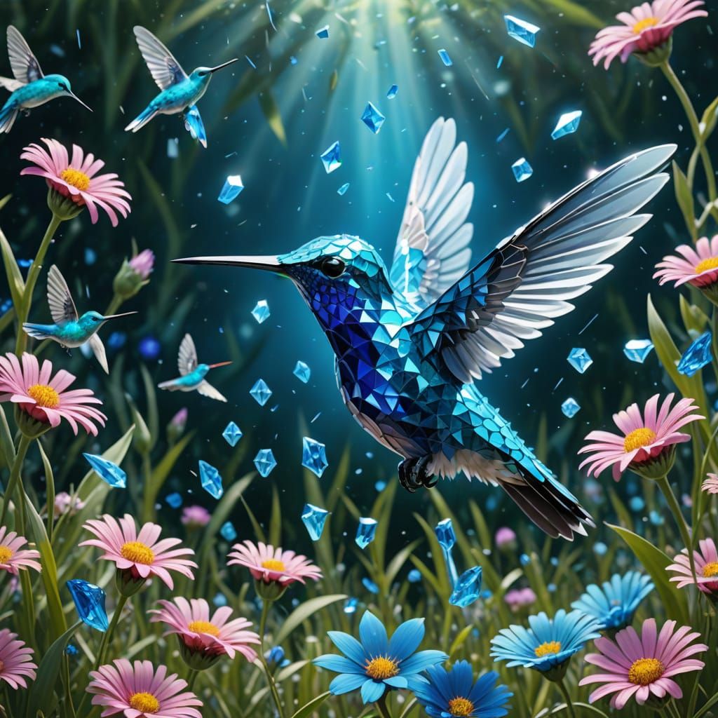 Blue Crystal Shard Hummingbird in Crystal Meadow