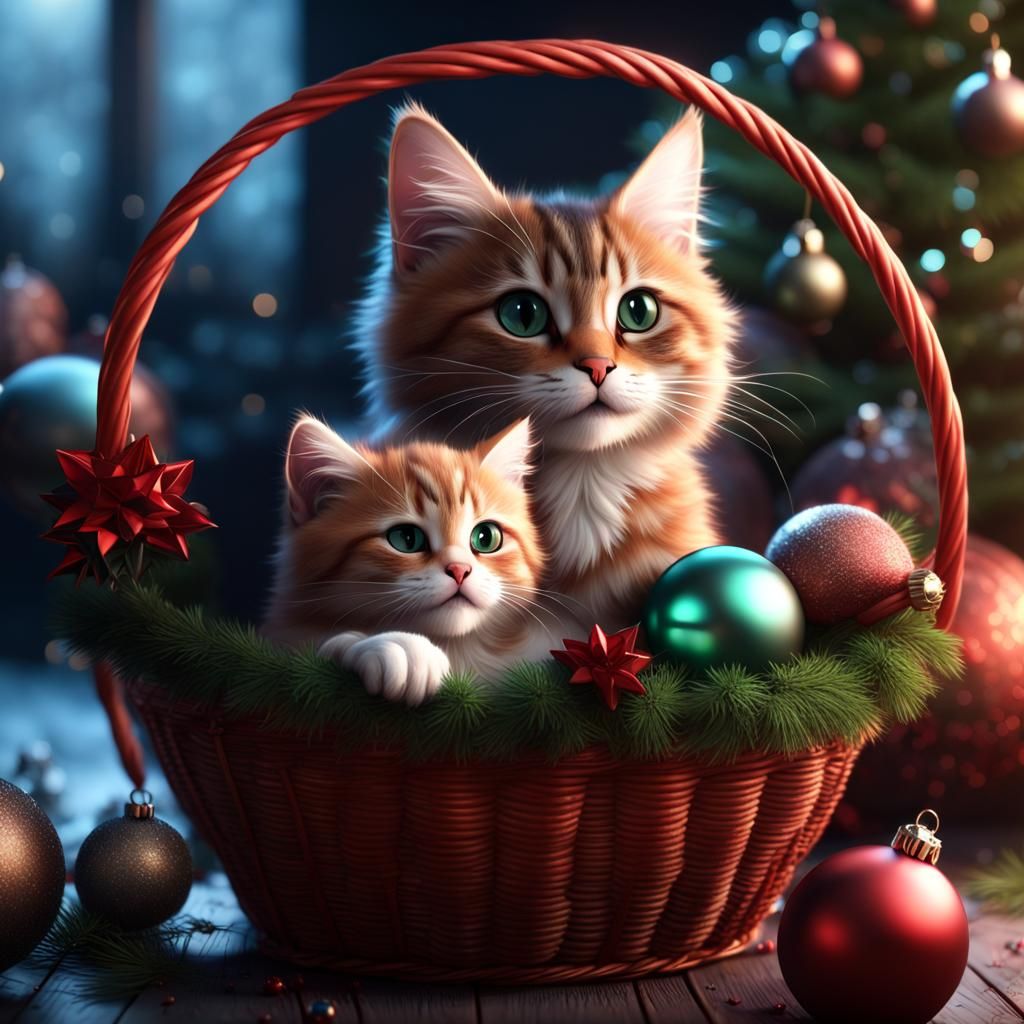 Cute Mother Cat and Kitten Christmas Portrait