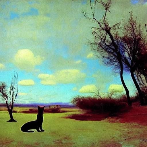 Friendly Cats in Dreamlike Surrealist Landscape