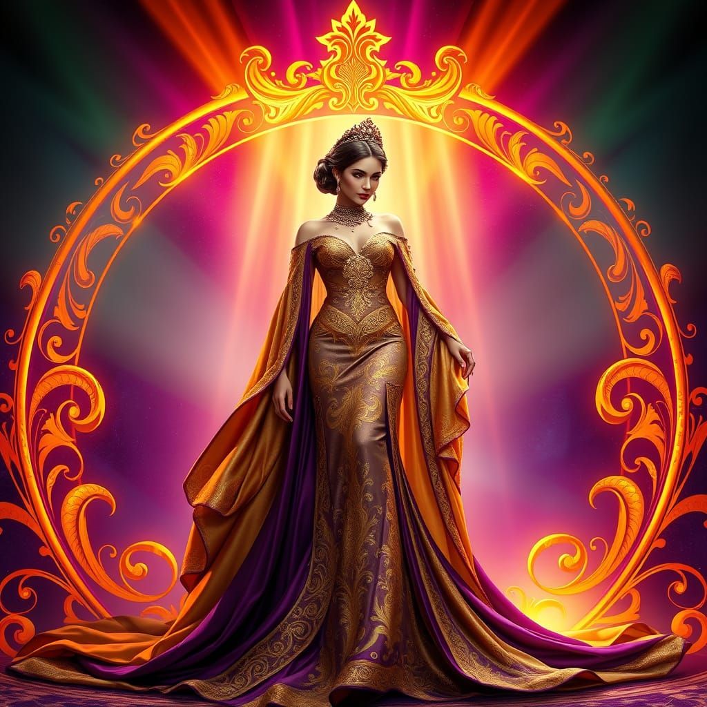 Regal Woman Enters Ethereal Portal in Opulent Art Nouveau St...