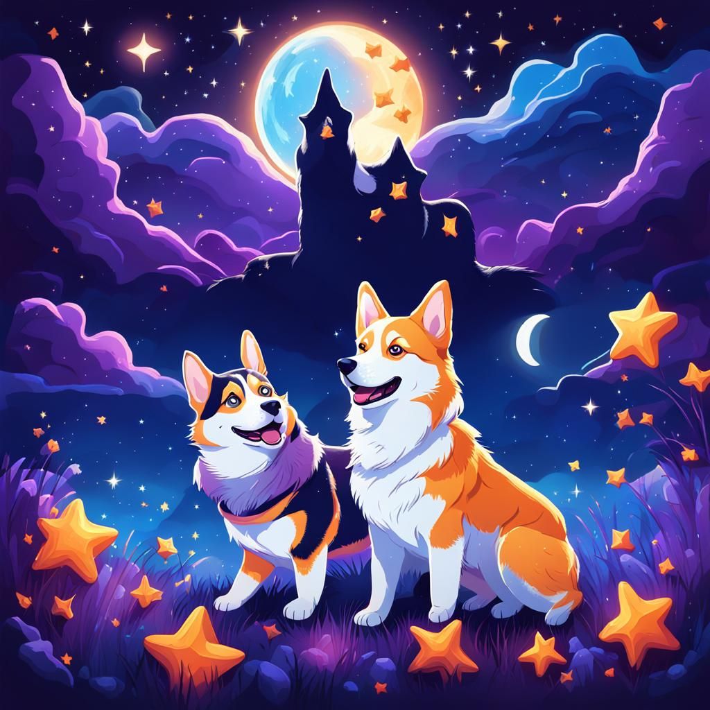 Joyful Corgi and Husky Under Night Sky