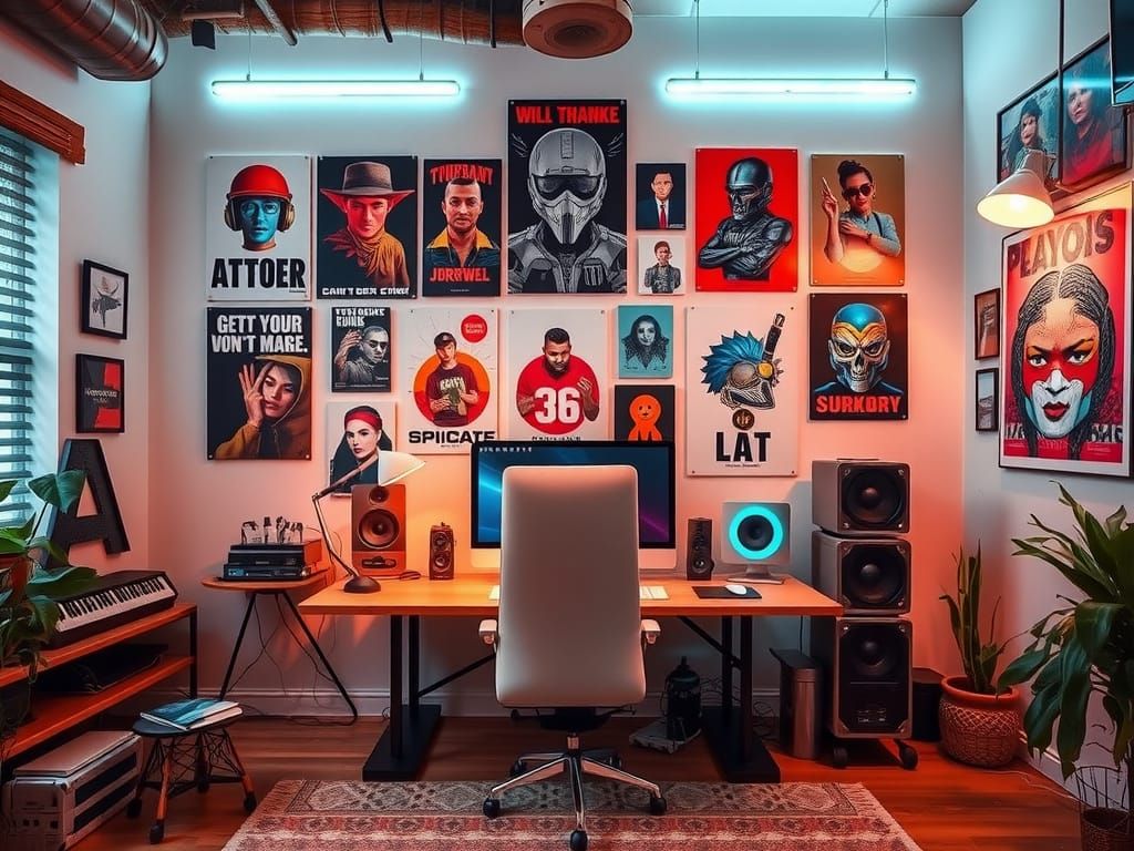 Modern Home Studio with Futuristic Tech and Eclectic Posters