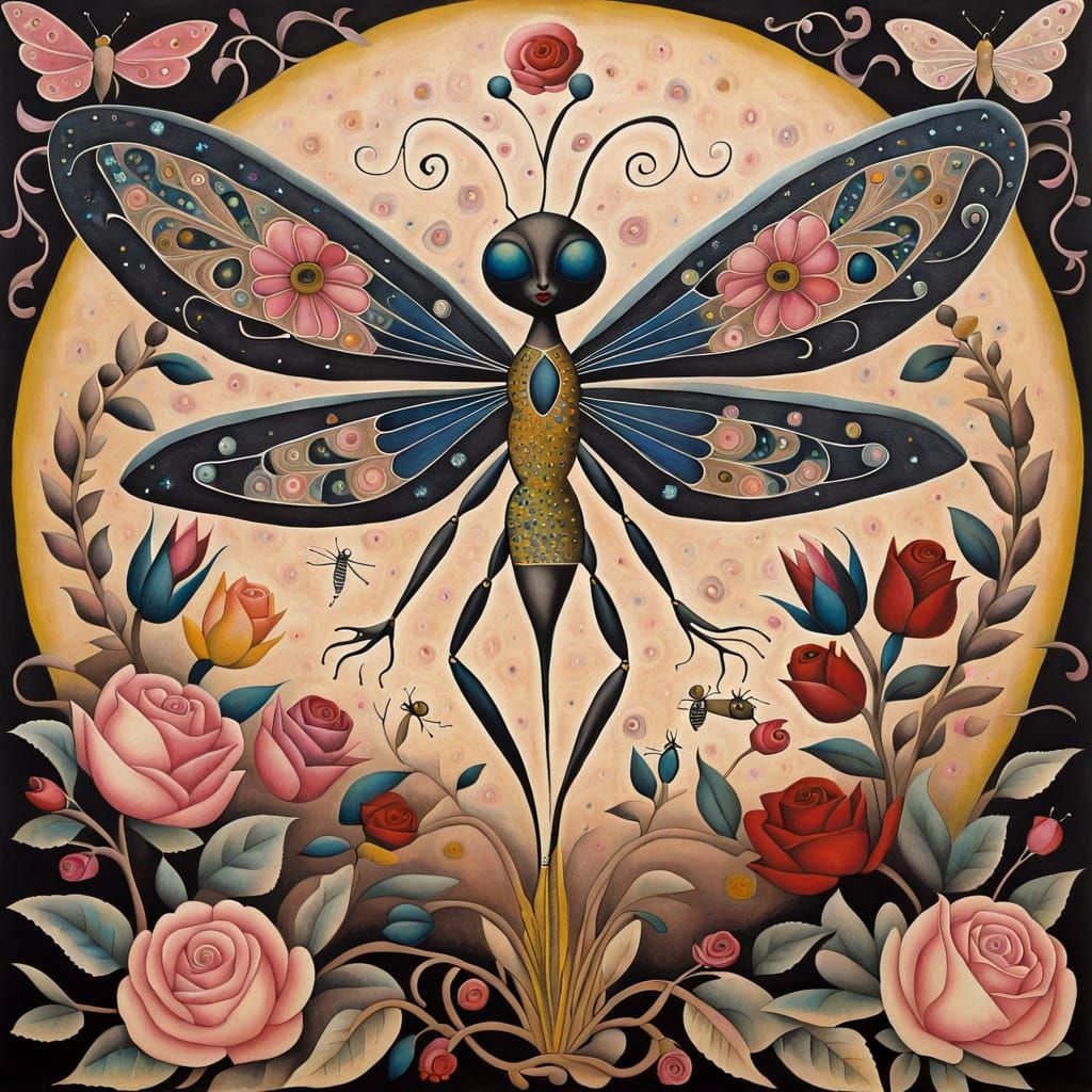 Dragonfly Woman in Naive Folk-Art Style