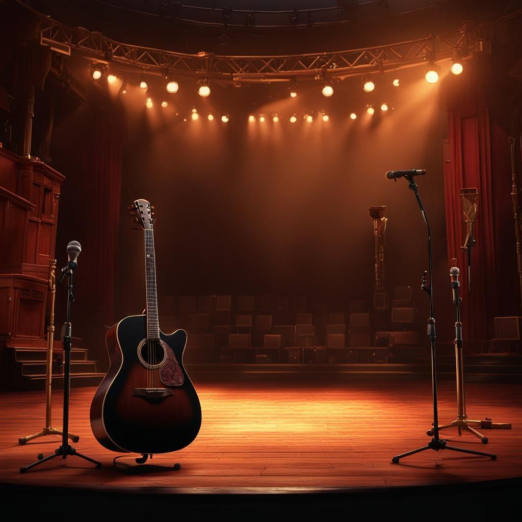Empty Stage with Guitar in Detailed Matte Painting