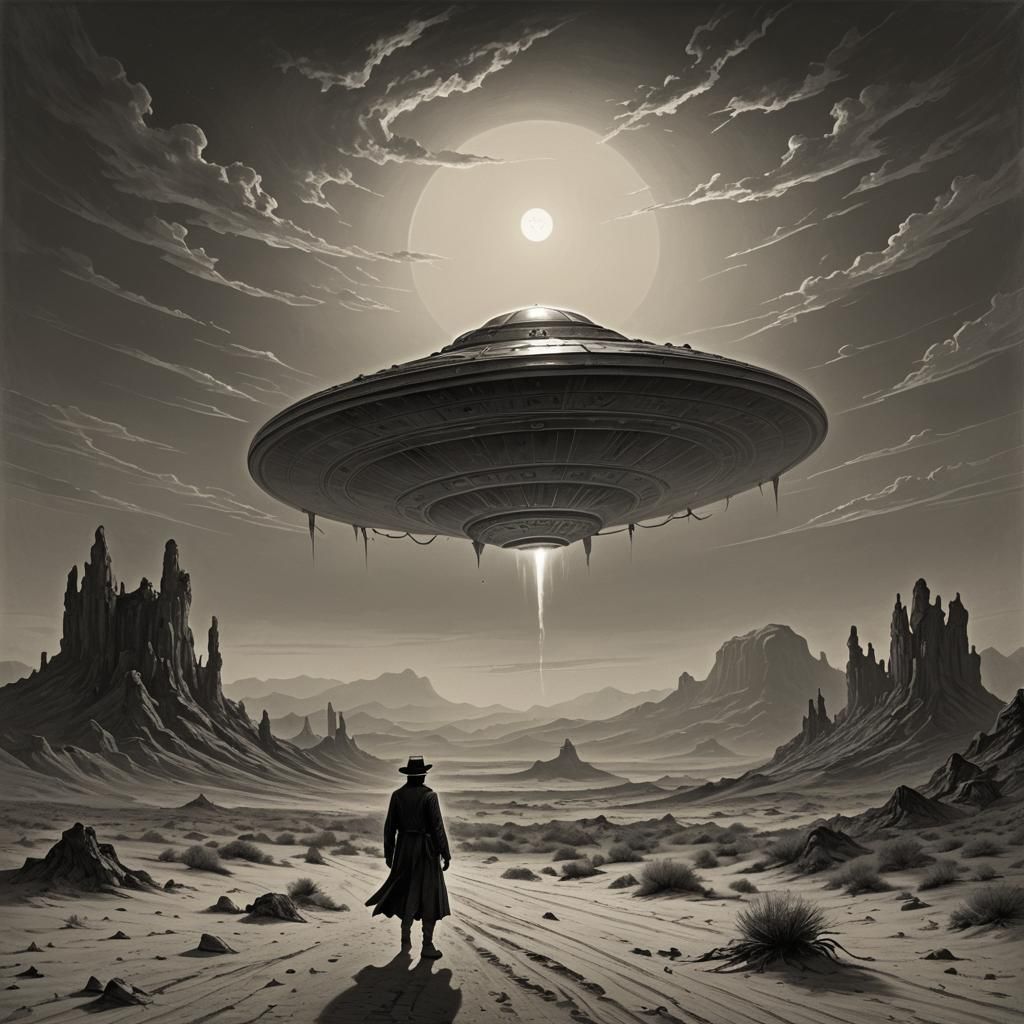 Eerie Desert: Flying Saucer in Horror Style