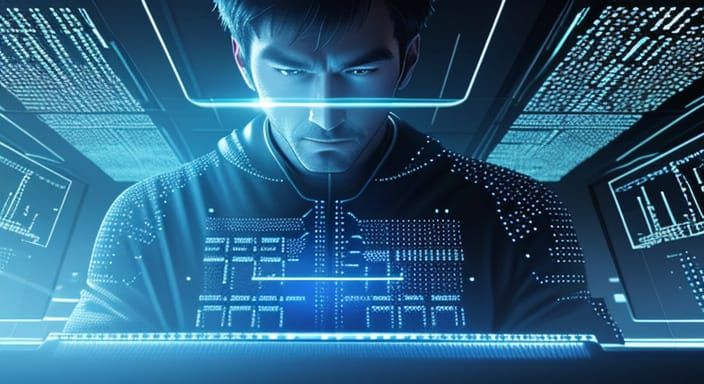 Man of Binary Code Typing at Desk in Futuristic Office