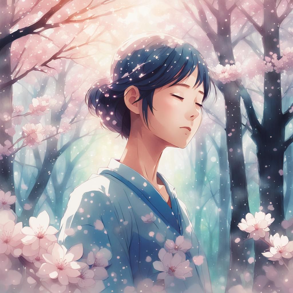 Anime Girl in Cherry Blossom Forest: Watercolor Style