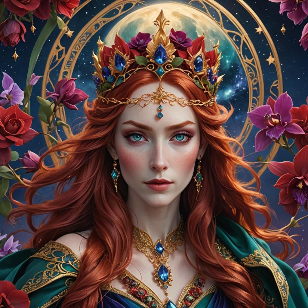 Elven Woman with Red Hair and Sapphire Eyes