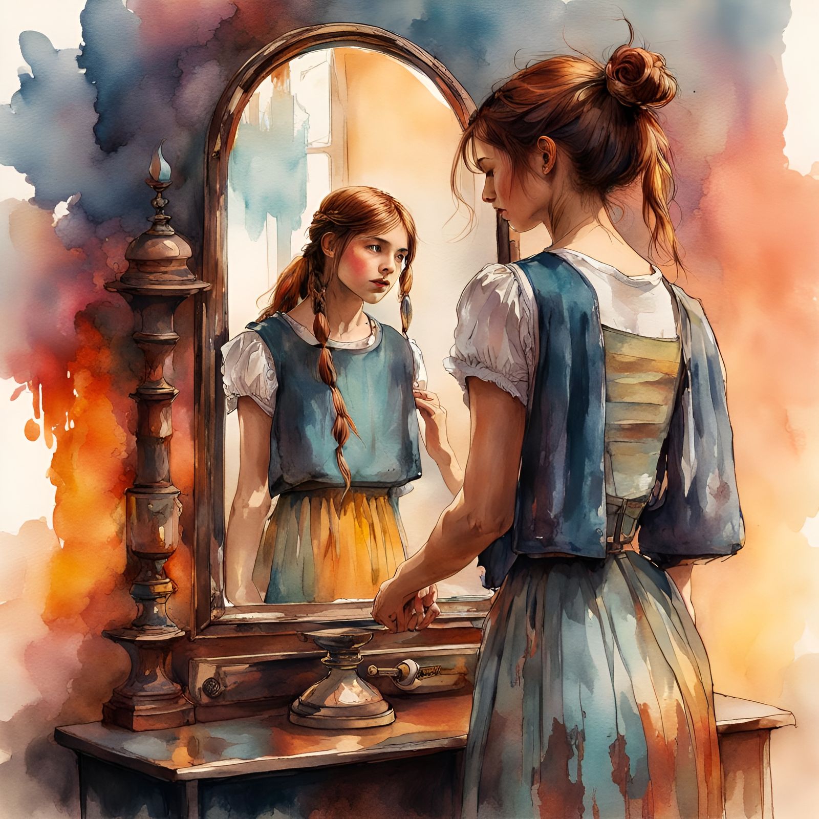 Girl Gazing in Mirror, Ink and Watercolor Illustration