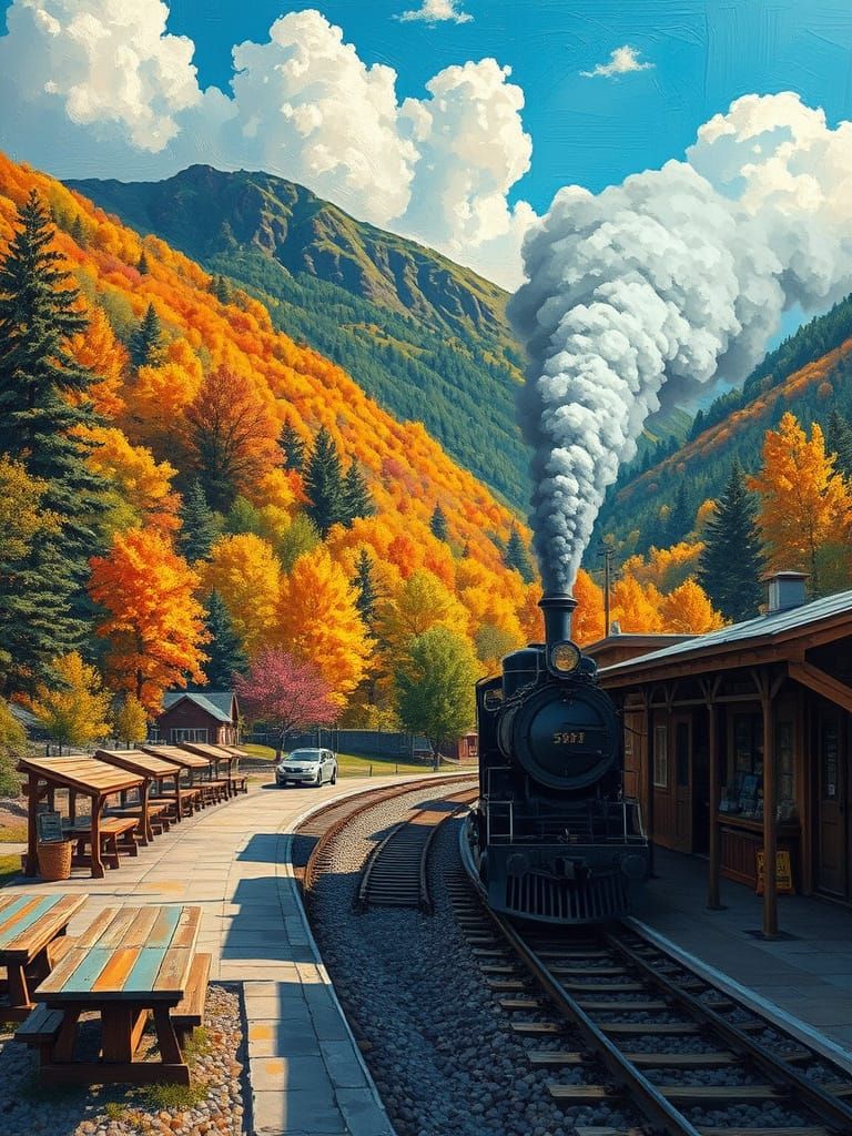 Steam Train Through Valley in Neo-Impressionism Style