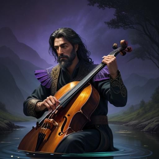 Cello Player in Musical Sea, Art Nouveau Surrealism