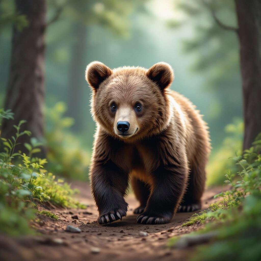 Cute Bear Strolls into Enchanting Forest