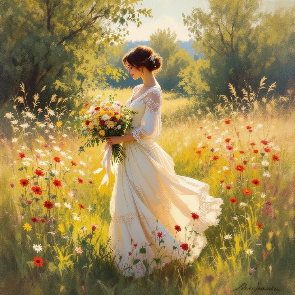 Ethereal Woman in Meadow: Impressionistic Oil Painting