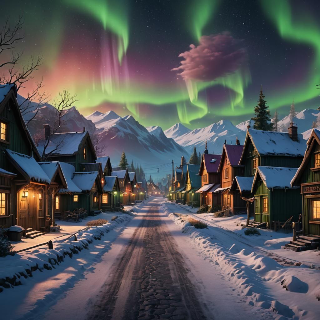 Dreamscape Village Street Under Northern Lights