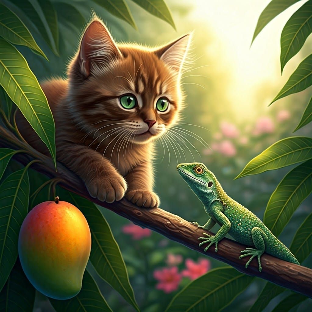 Kitten's First Climb: A Whimsical Garden Scene