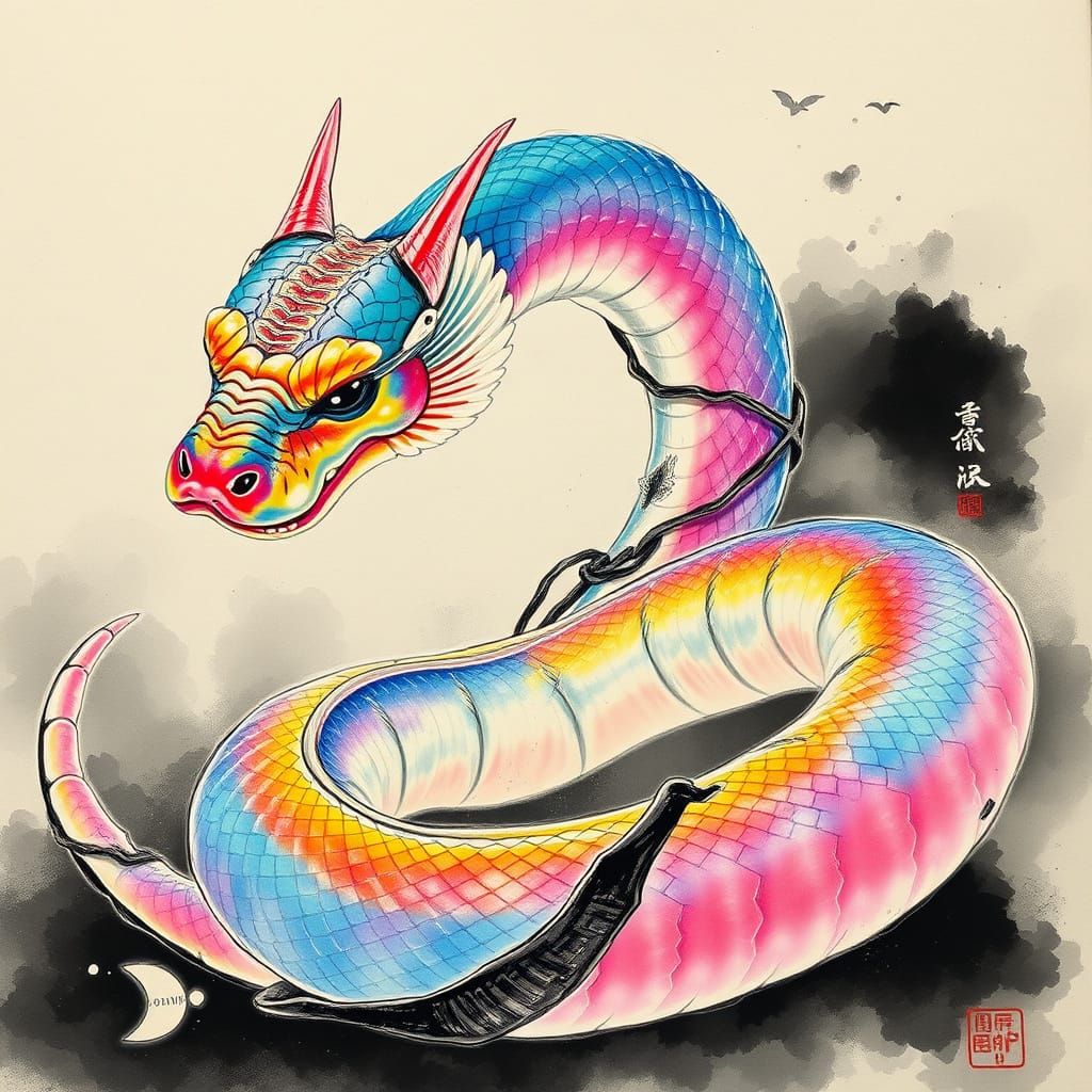 Majestic Rainbow Snake Unfurls in Guo Hua Style