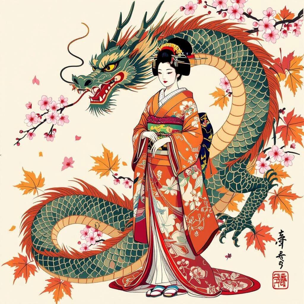 Geisha and Dragon in Japanese Woodblock Print Style
