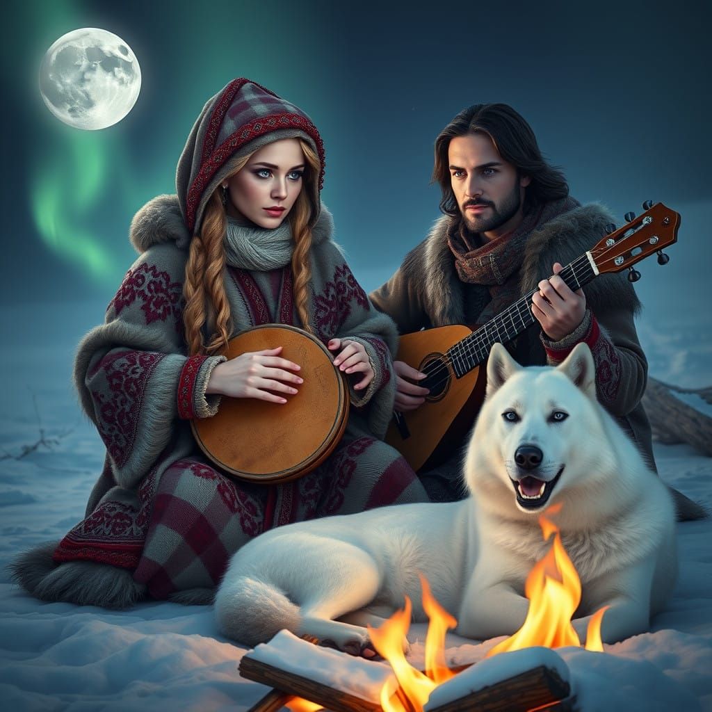Nordic Saami Princess Plays Drum by Aurora-Lit Fire with Oud...