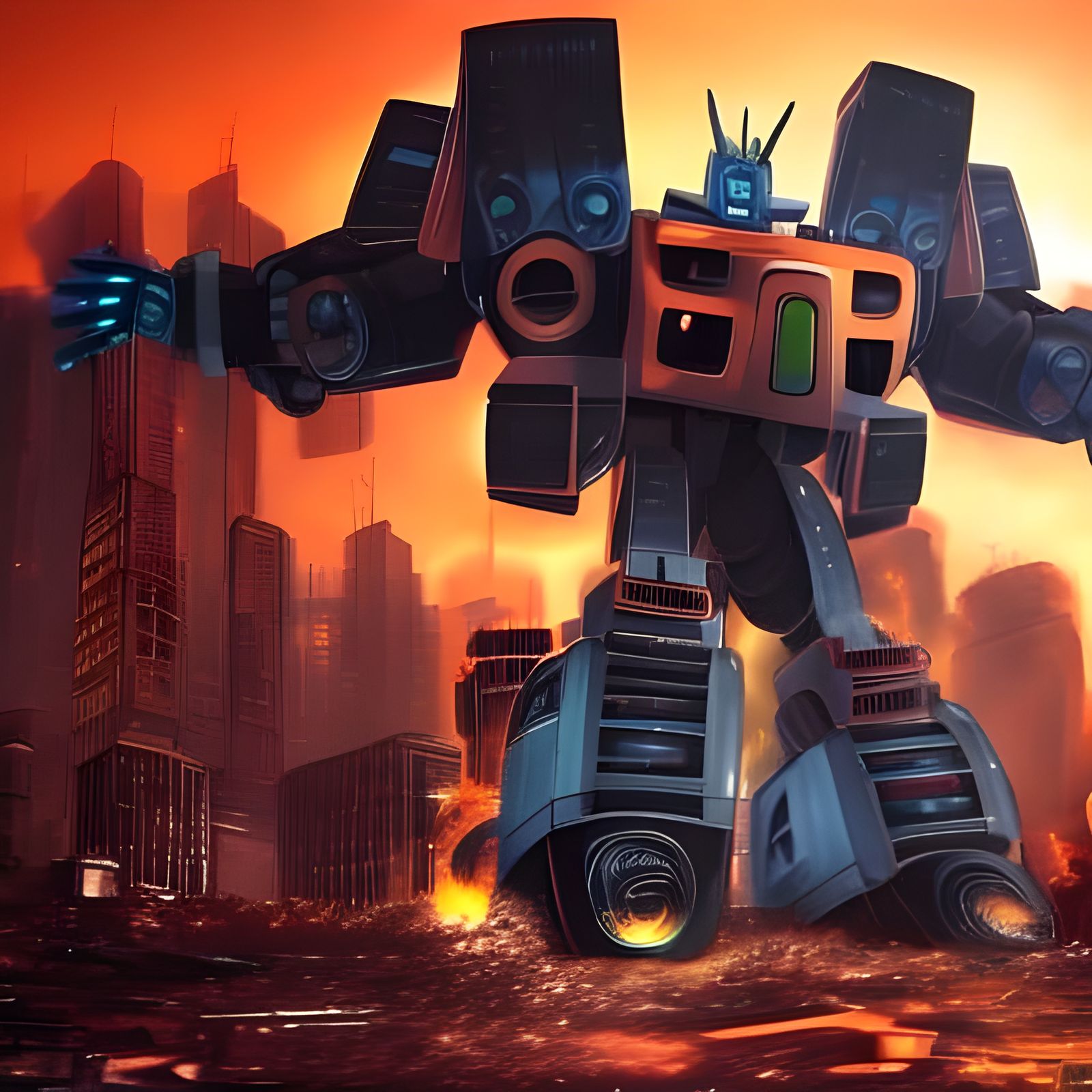 Battle-Ready Robot in Dystopian City Ruins