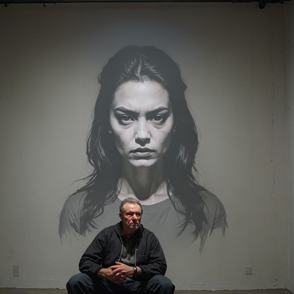 Man in Dark Room with Projected Face
