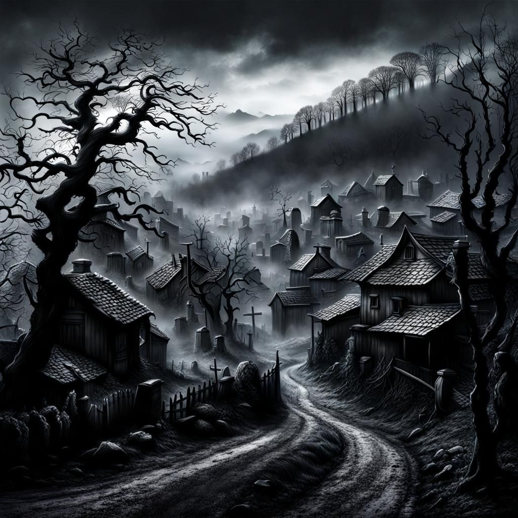 Creepy Misty Village with Graveyard, Dark Fantasy Art