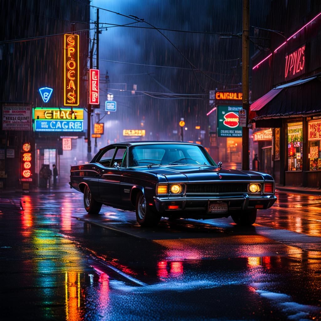 Neon Rain Illuminates Dark Cityscape: Photorealistic Image