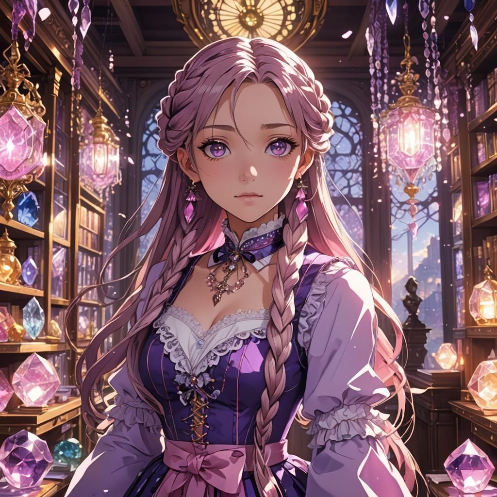 Anime Girl in Crystal Room, Cel-Shaded Style