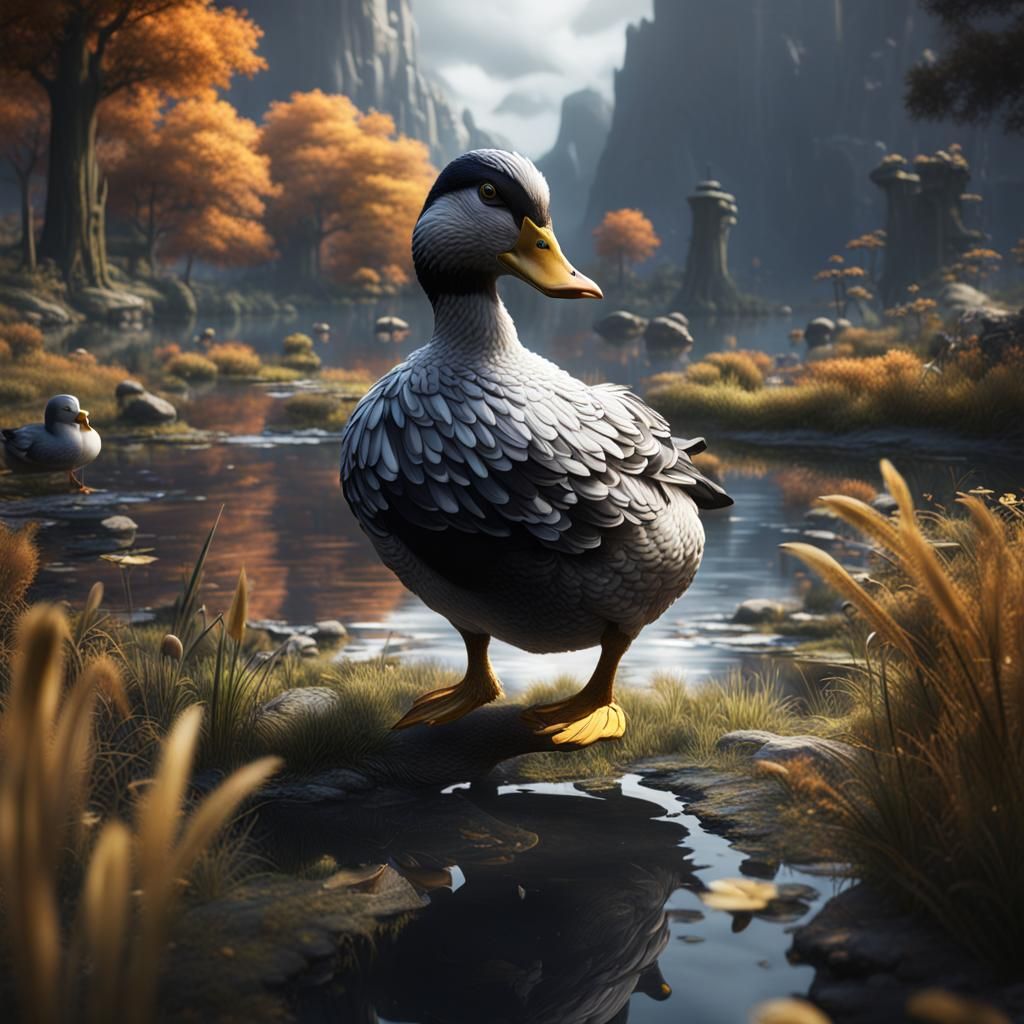 Fantastical Black and White Duck in Detailed Matte Painting