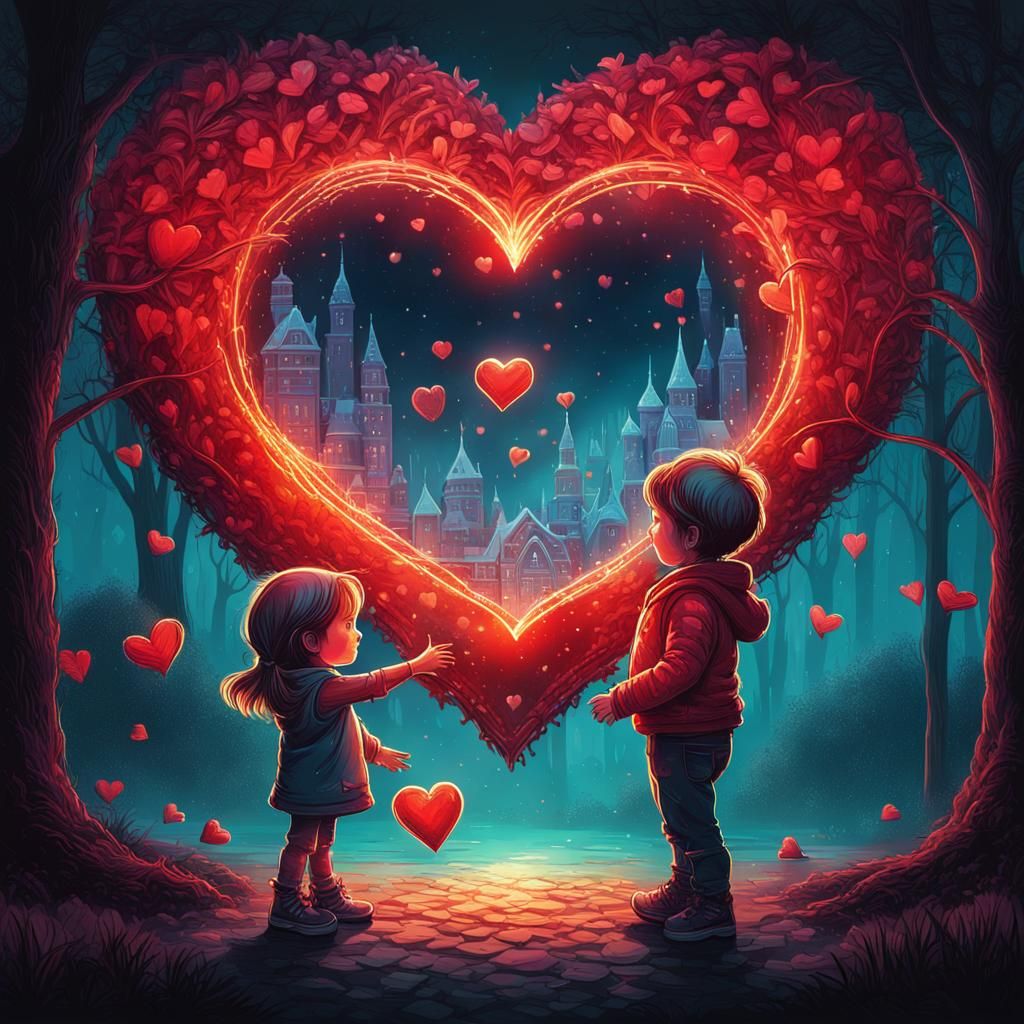 Adorable Children Exchange Heart in Park, 3D Shading