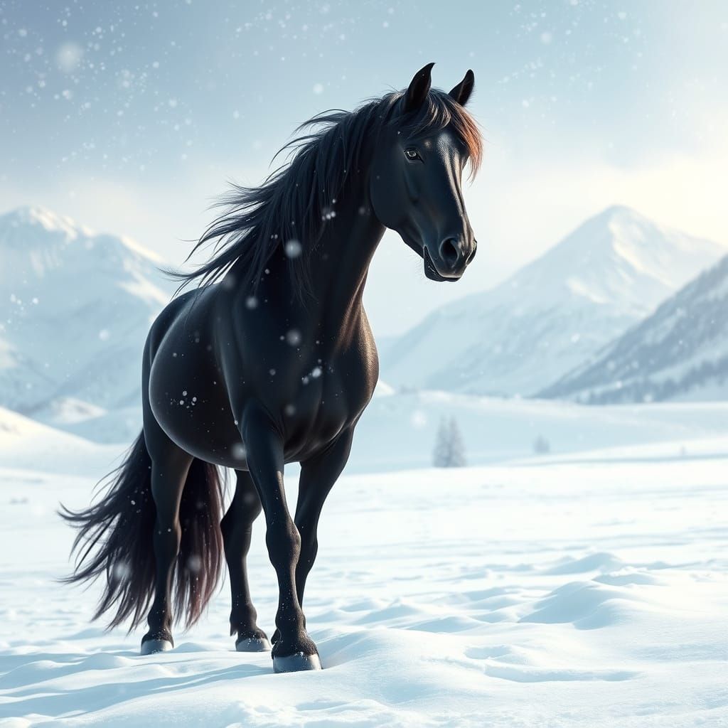 Majestic Black Horse in Snowy Winter Wonderland Scene