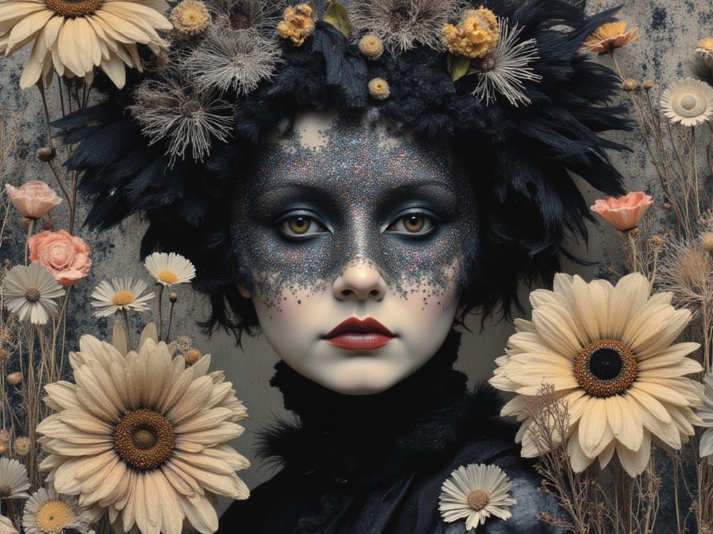 Bohemian Carnival Mask with Iridescent Flowers and Feathers