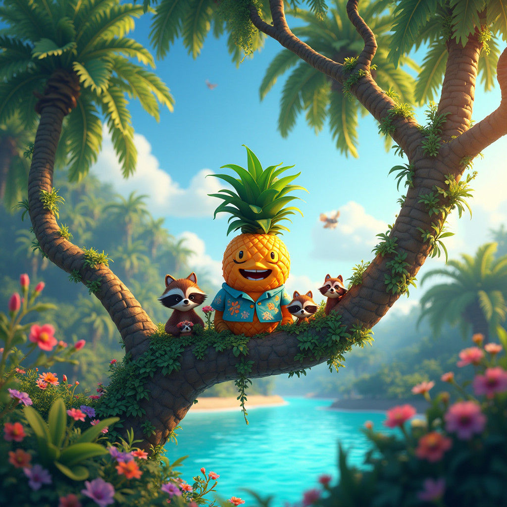 Whimsical Pineapple Character in Tropical Tree
