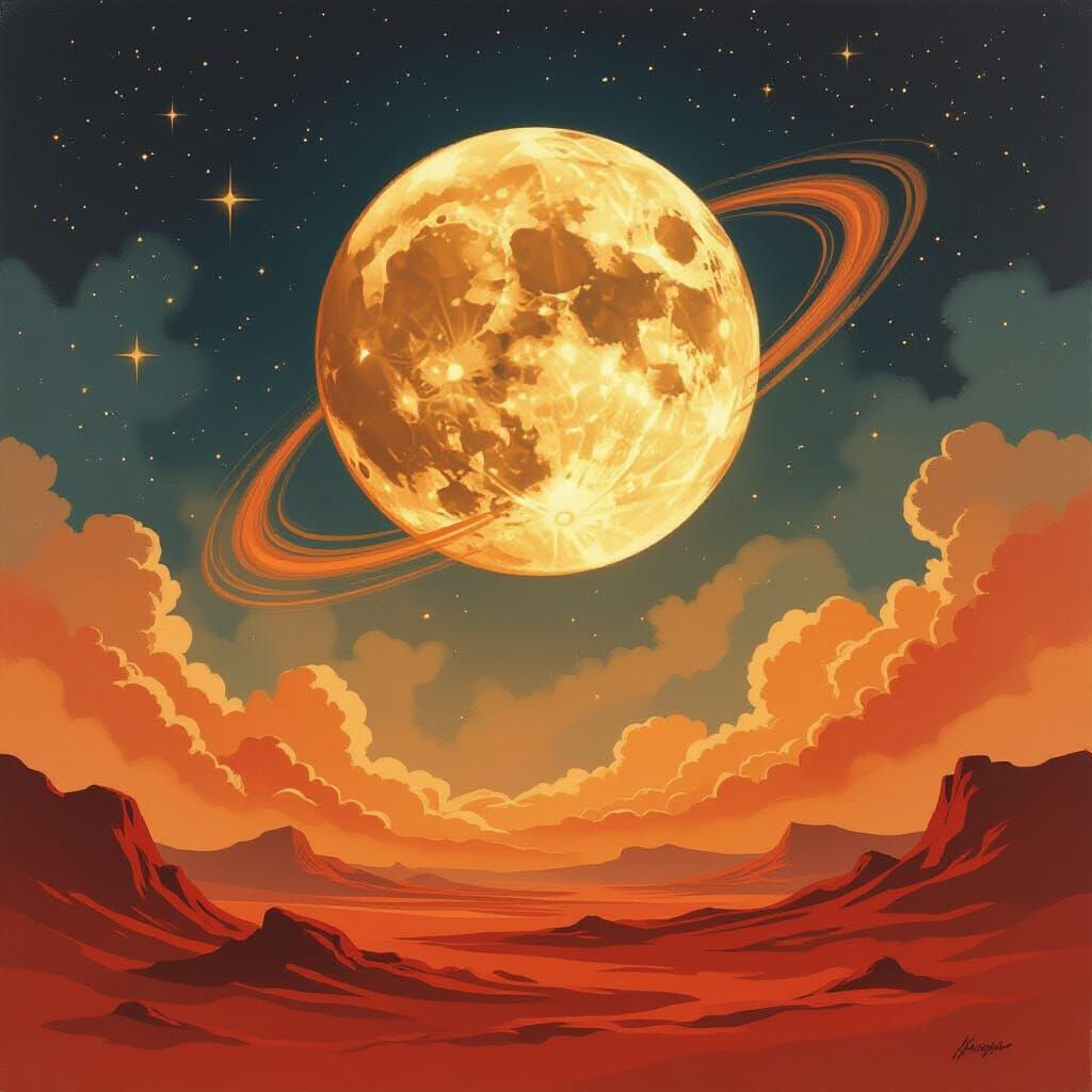 Gouache Moon Meets Mars in Cosmic Dust