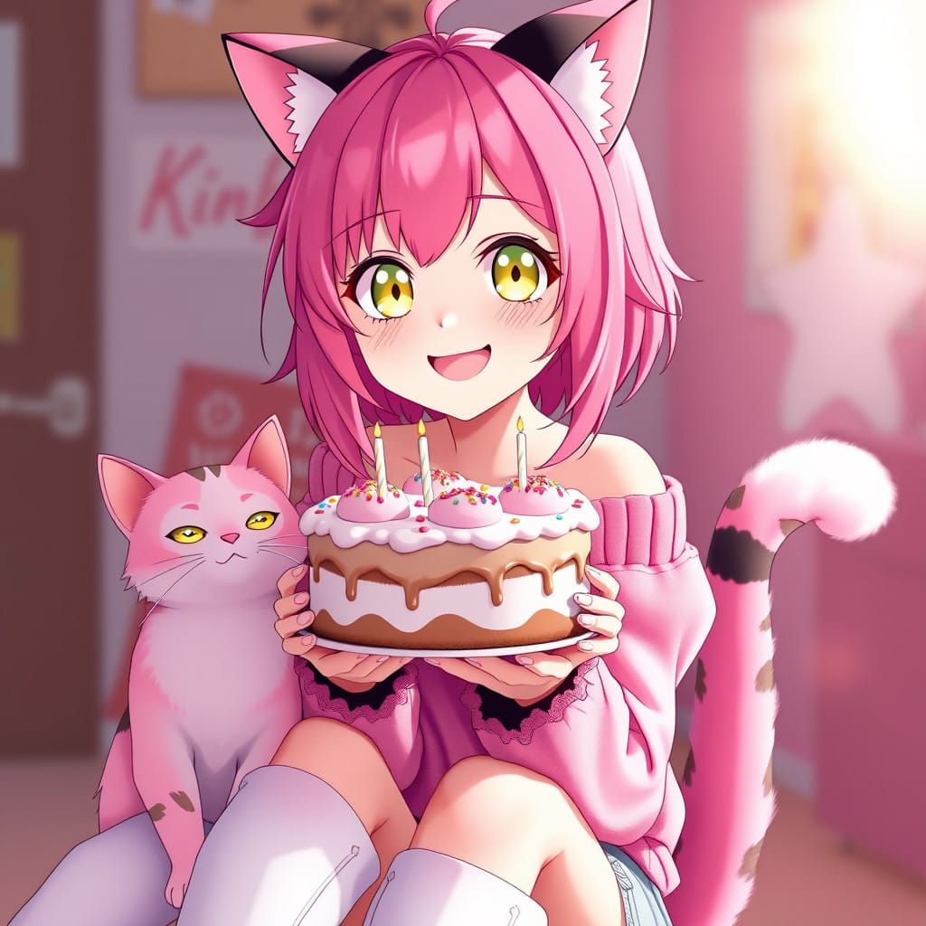 Vibrant Girl with Pink Hair and Cat Ears in Whimsical 3D Ani...