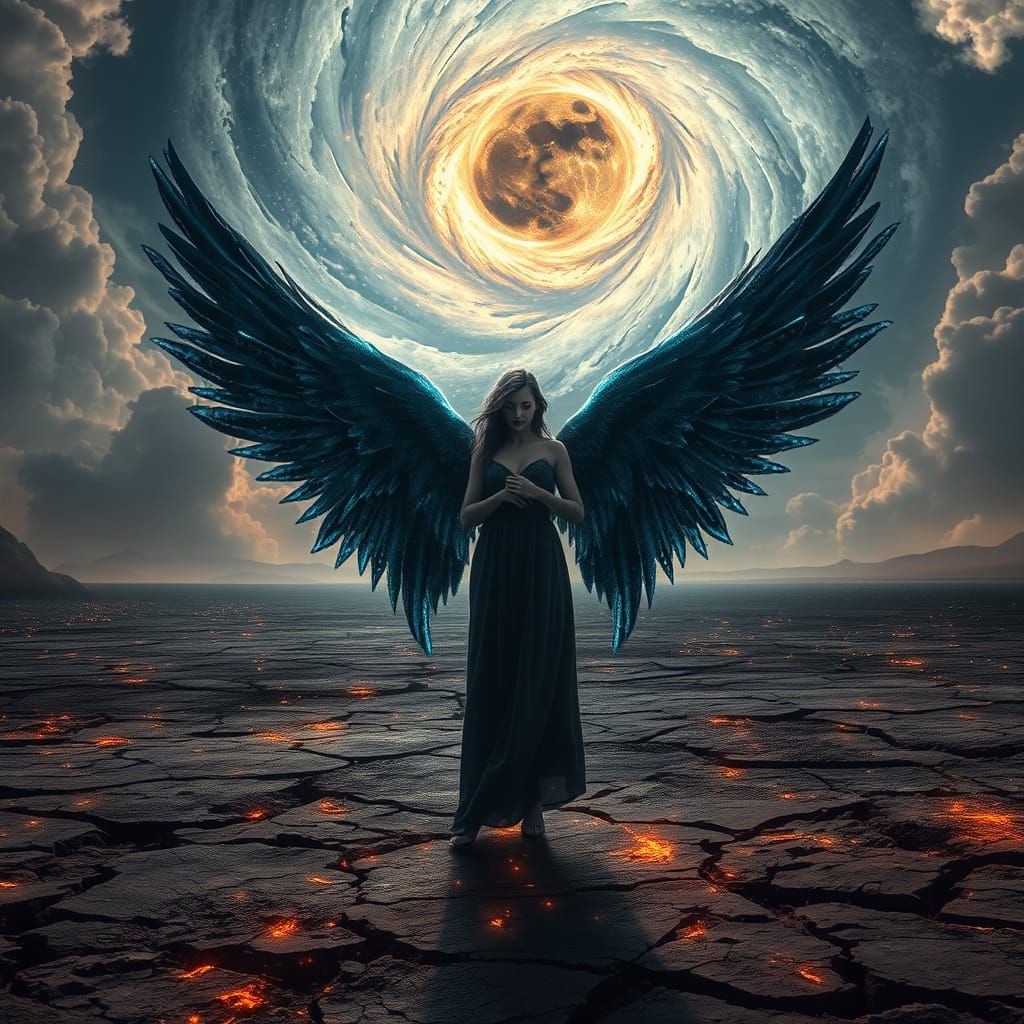 Lone Angel with Obsidian Wings on Storm-Ravaged Battlefield