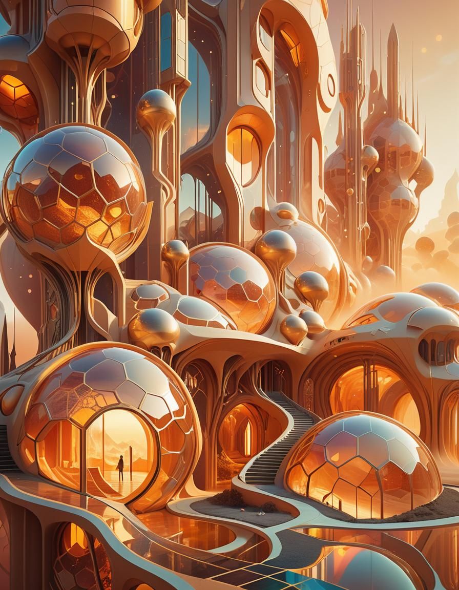 Surreal Architectural Concept Art in Warm Orange Hues