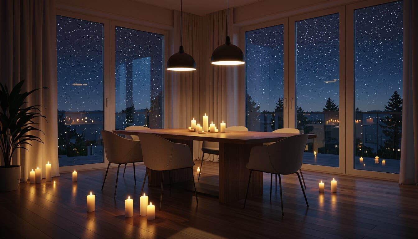 Cozy Modern Dining Room at Night, 3D Render