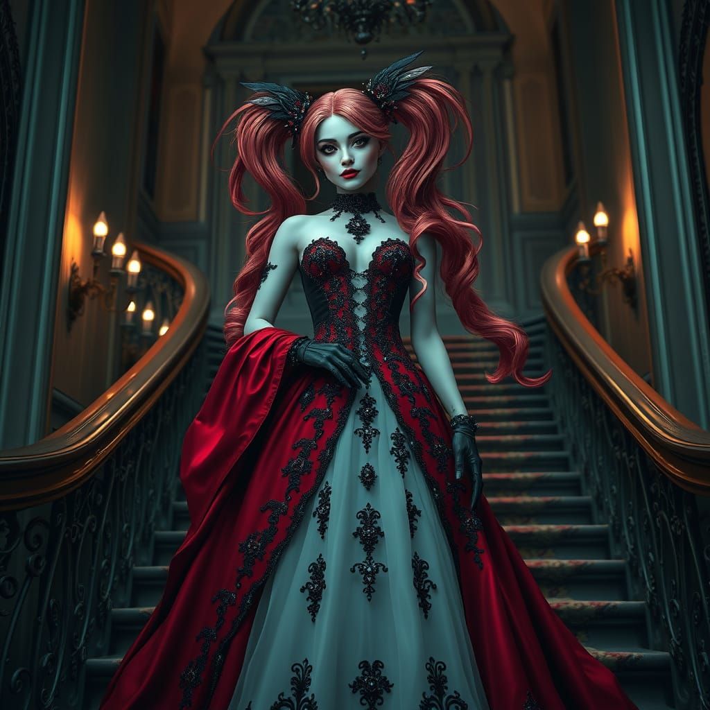Ethereal Gothic Princess Ascends Victorian Ballroom Staircas...